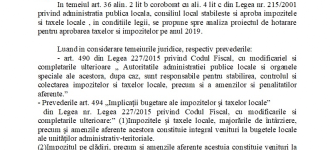 RAPORT DE SPECIALITATE privind propunerile pentru stabilirea impozitelor si taxelor locale pentru anul 2019