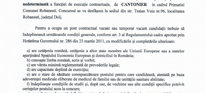 Anunt privind concursul de recrutare pentru functia de executie contractuala de CANTONIER